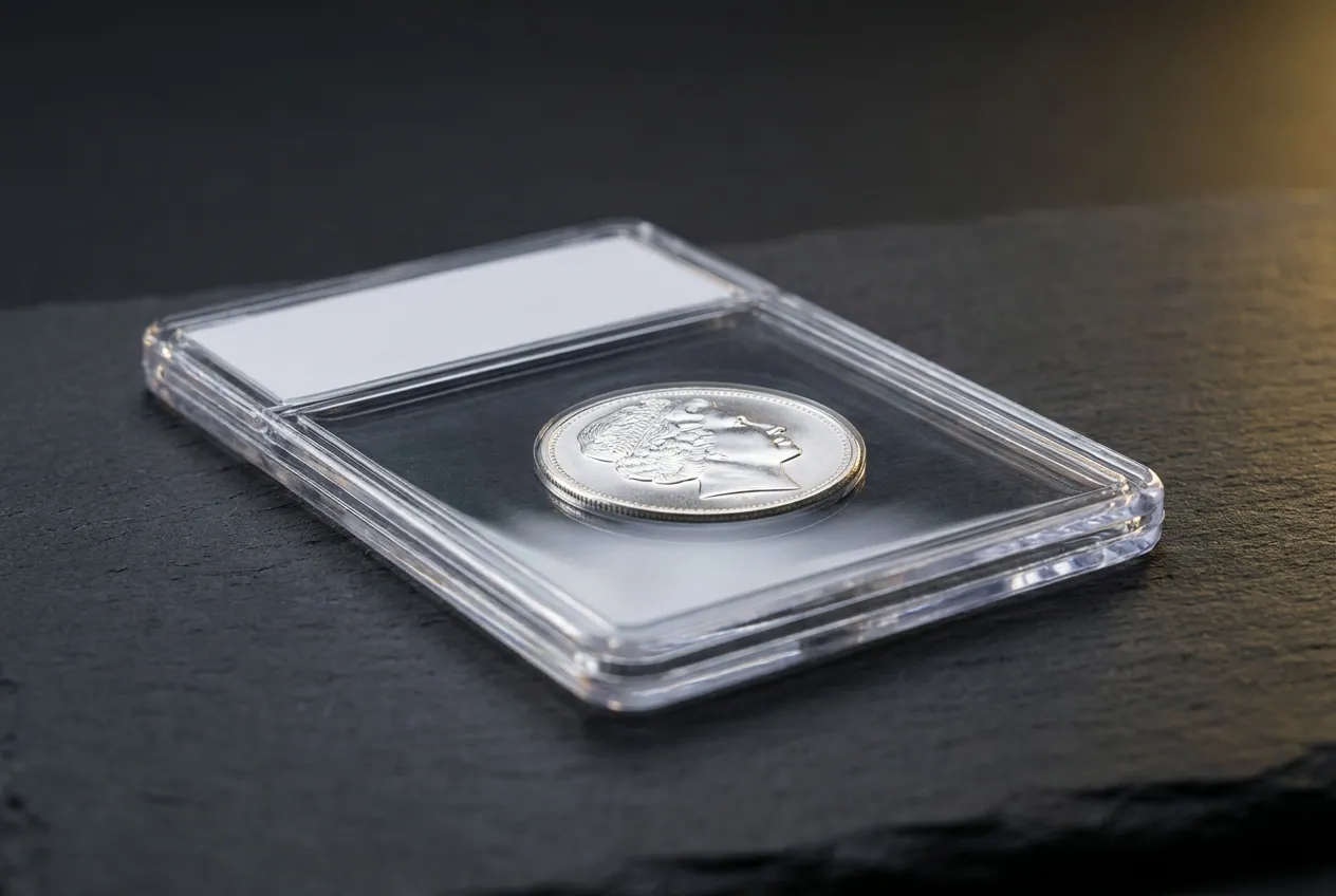 Silver coin sealed in a clear certified grading holder on dark slate