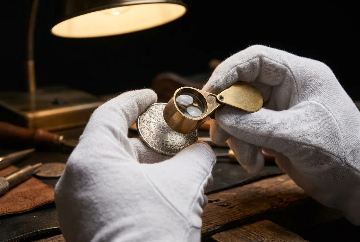 Gloved hands holding a brass loupe over a silver coin beneath a warm lamp