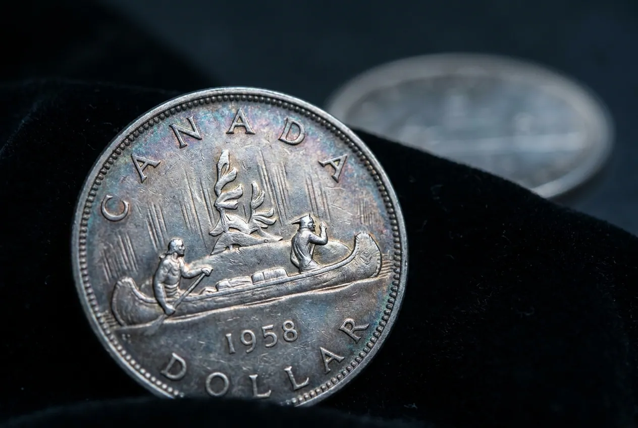 Vintage silver dollar coin lying on black velvet under directional light
